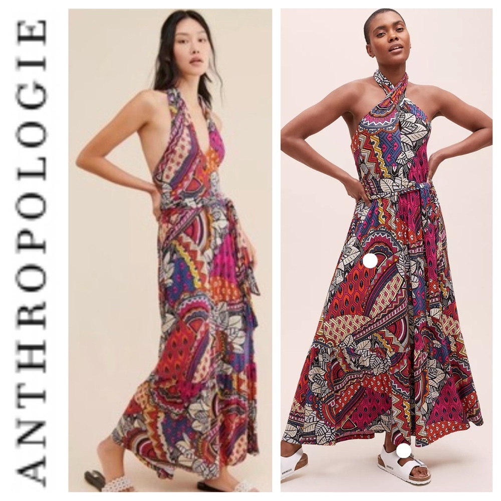 Anthropologie Multicolor Halter Maxi Dress in Pink, Blue & Orange